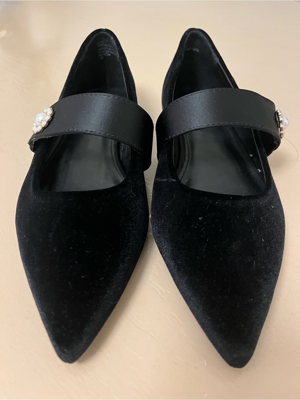 crown & ivy Black Velvet Pointed Mary Jane Flats with Pearl Button